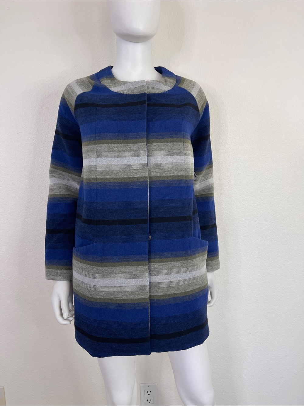 Old Navy Blue, Gray and Olive Striped Open Cardigan Coat